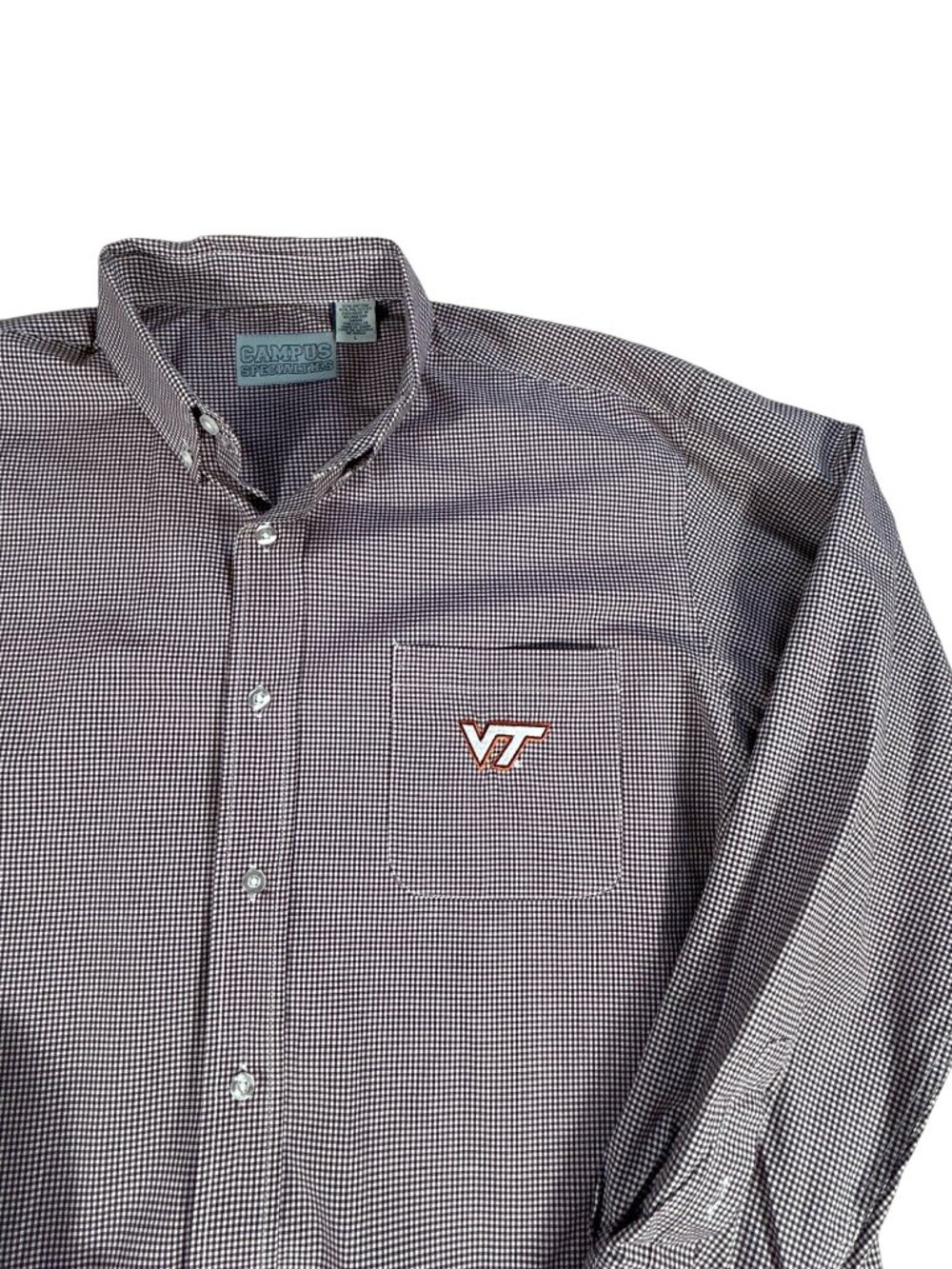 VA Tech Hokies Campus Specialties Button Down Shirt Sz L Red White Plaid Collar